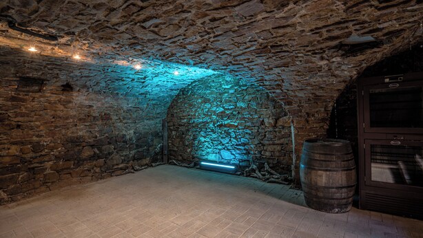 Un túnel de paredes de piedra con un barril de madera y una puerta con un ventanal.