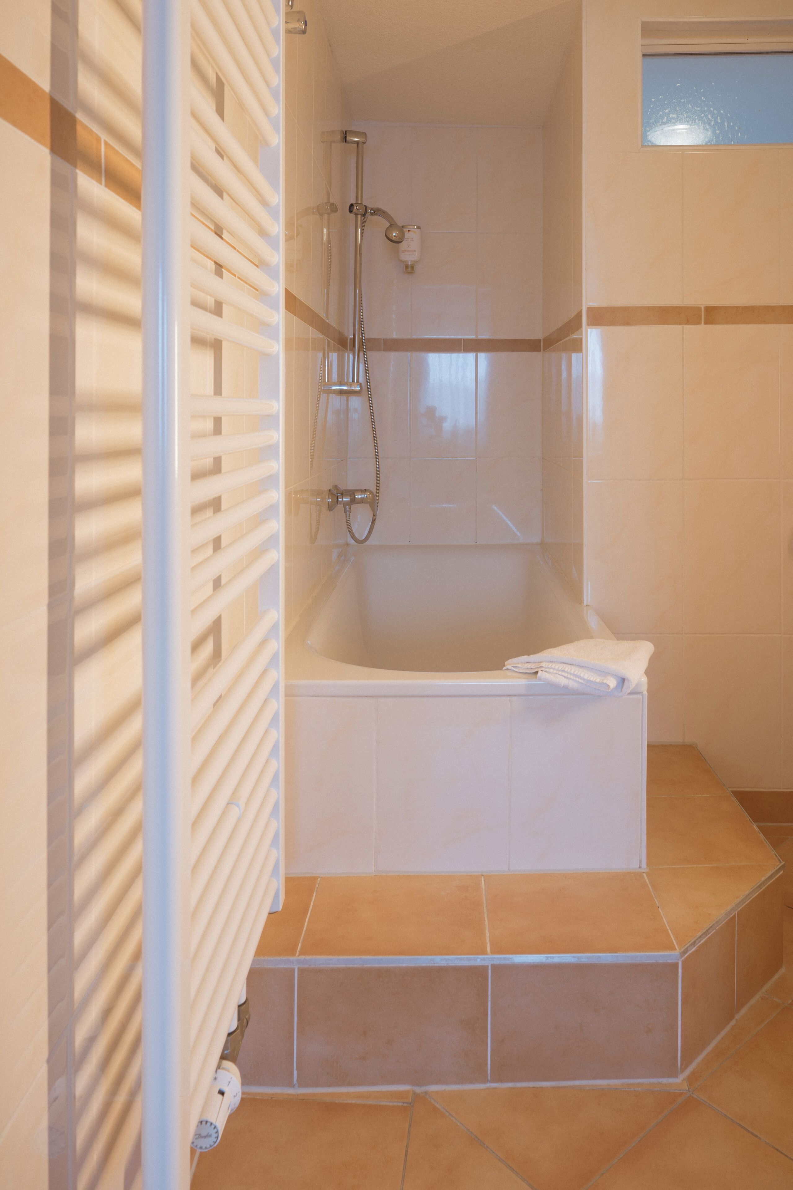 A bathroom with a bathtub, a shower, and a radiator.