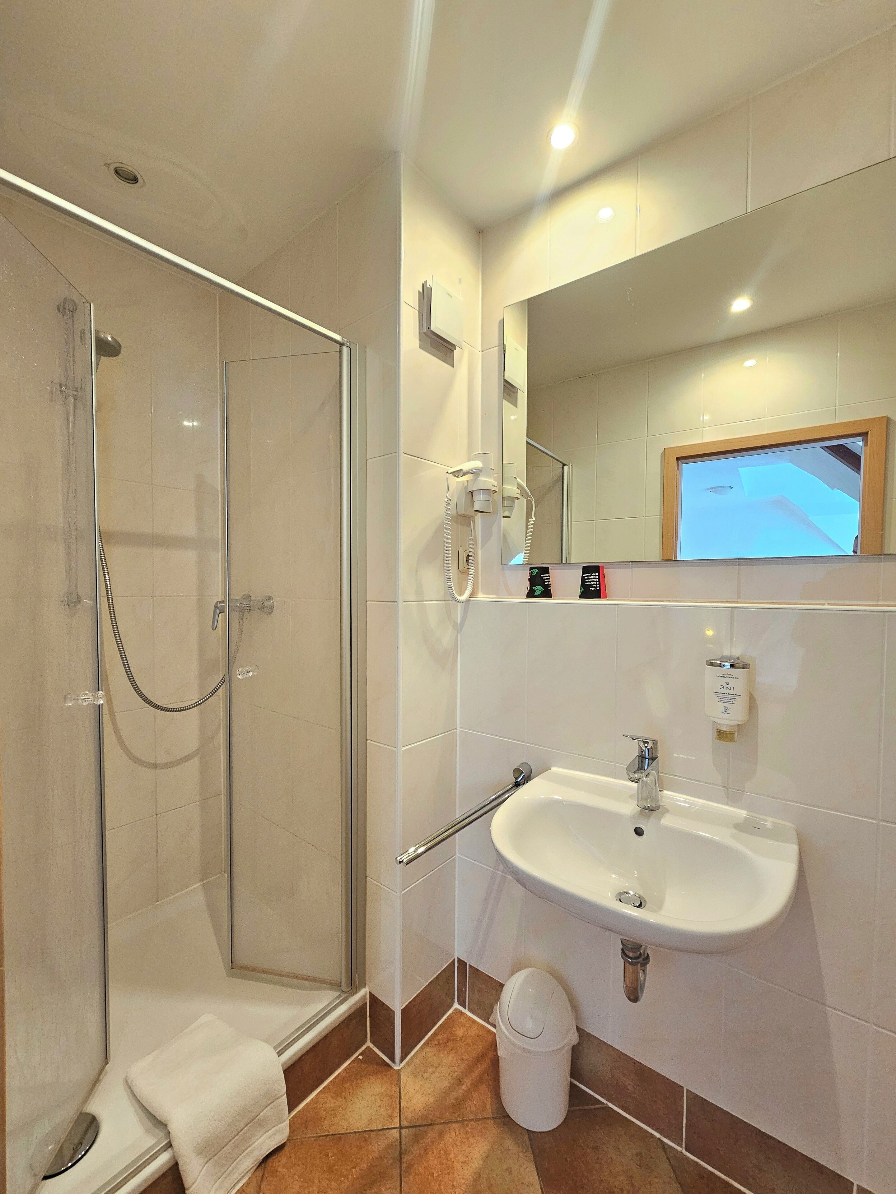 A modern bathroom with a glass-enclosed shower, a white sink, and a mirror above it.
