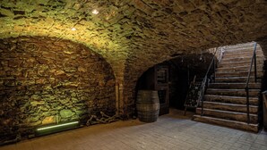 Una cámara subterránea de piedra con una escalera de madera y barriles.