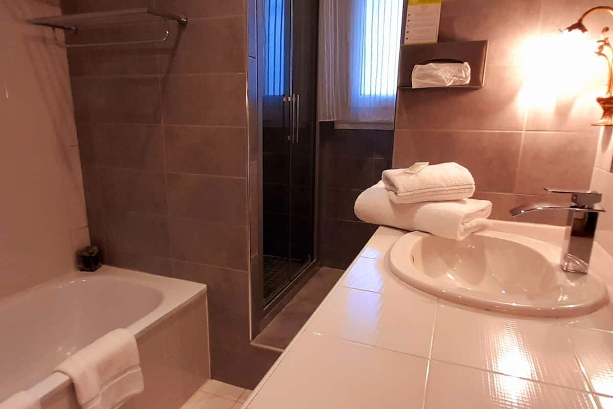separate bathtub and shower, free toiletries, hair dryer, slippers