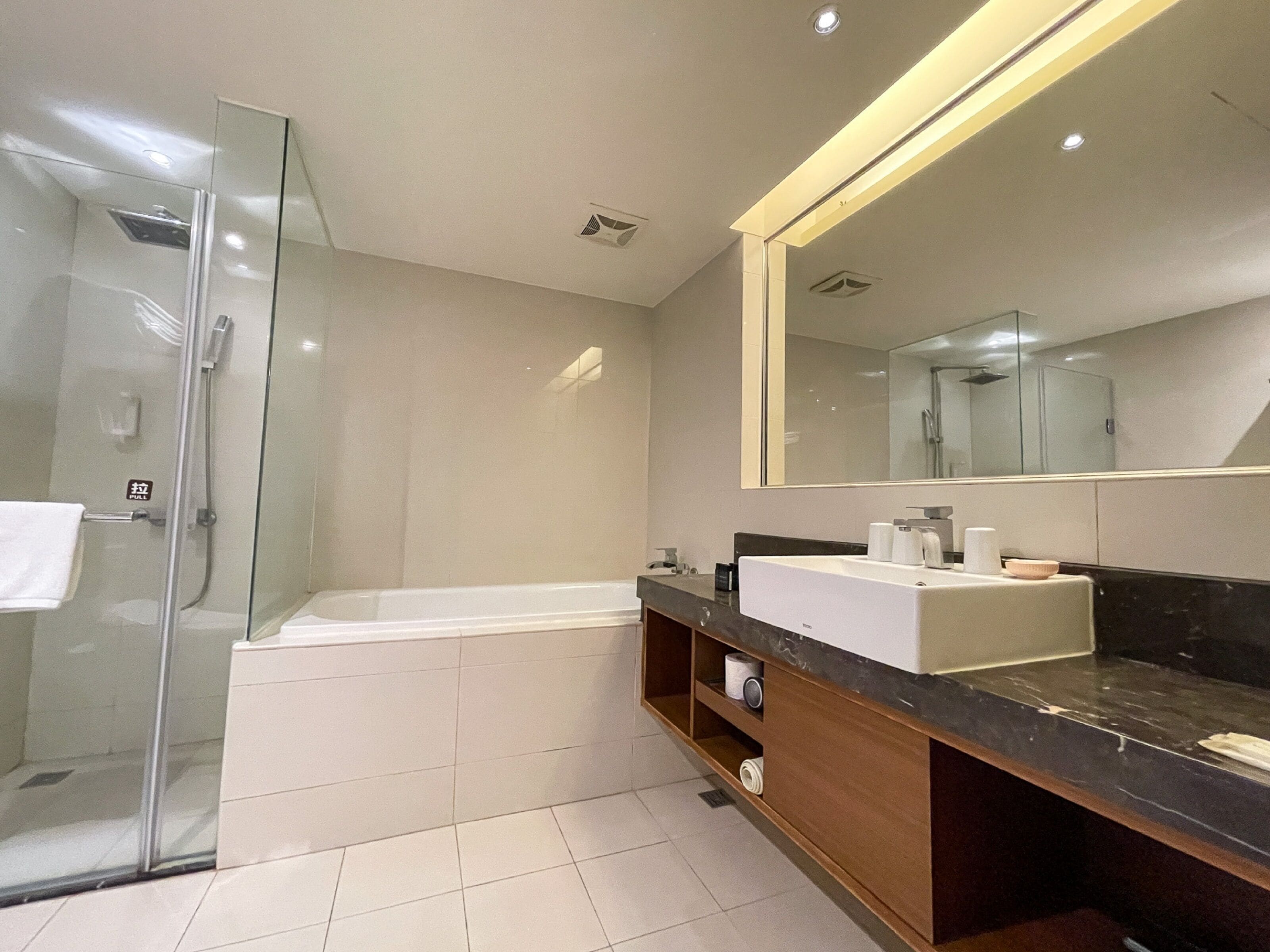 classic triple room | bathroom | hair dryer, towels, shampoo, toilet paper