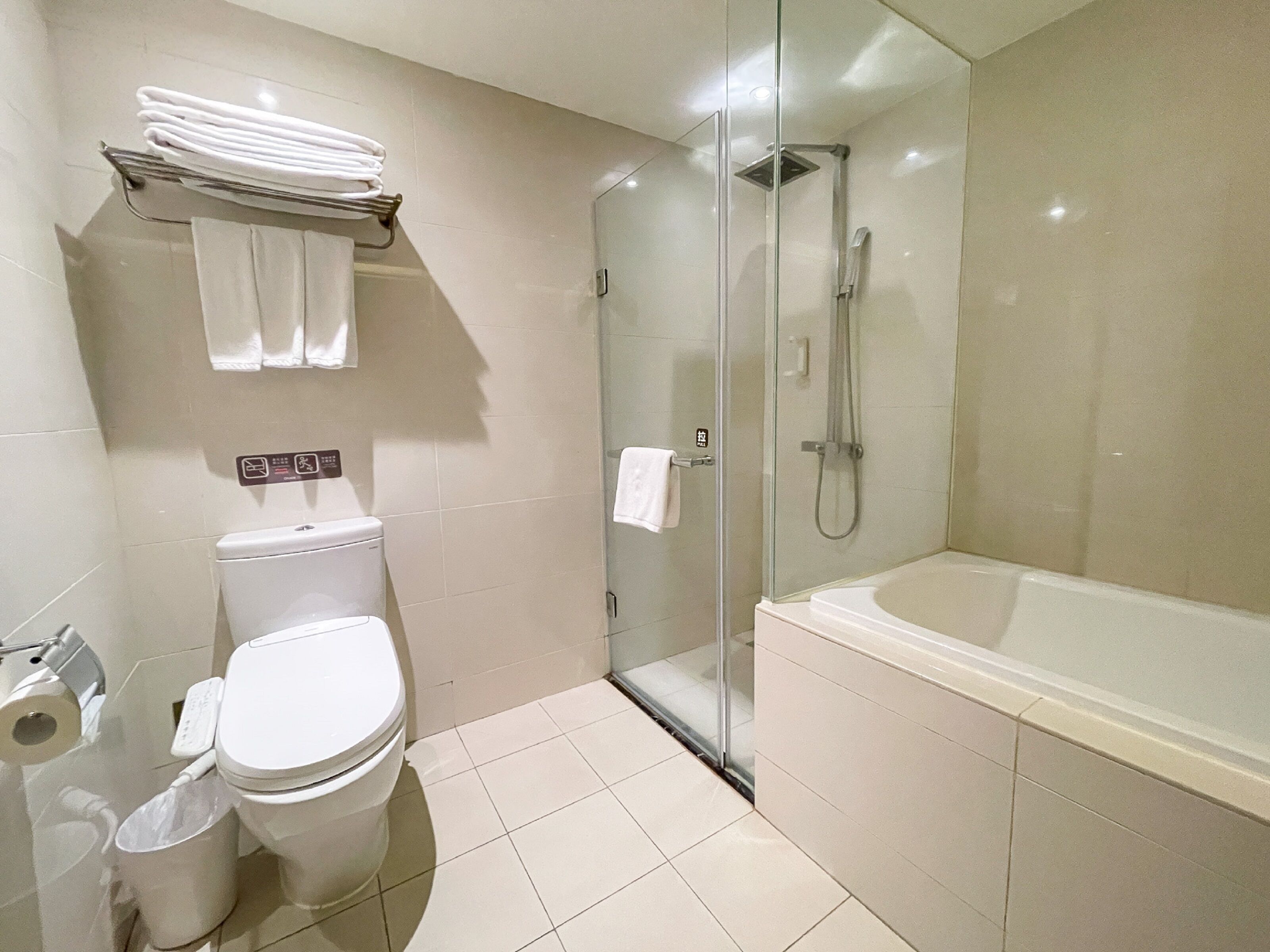 classic triple room | bathroom | hair dryer, towels, shampoo, toilet paper