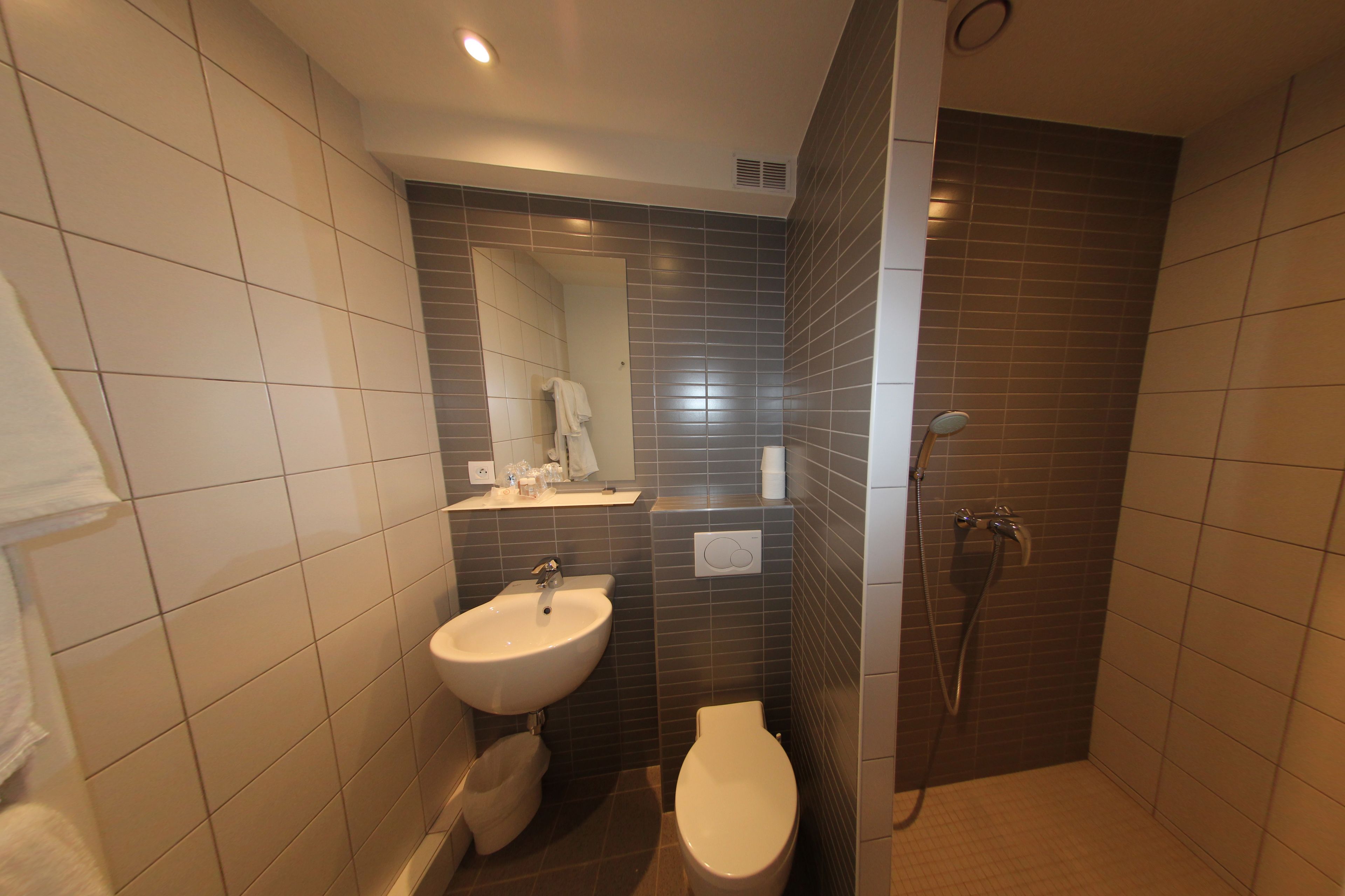 A bathroom with a sink, toilet, and shower.