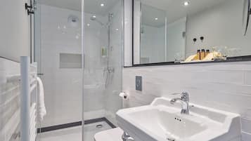 A modern bathroom with a glass shower enclosure, a white sink, and a large mirror.