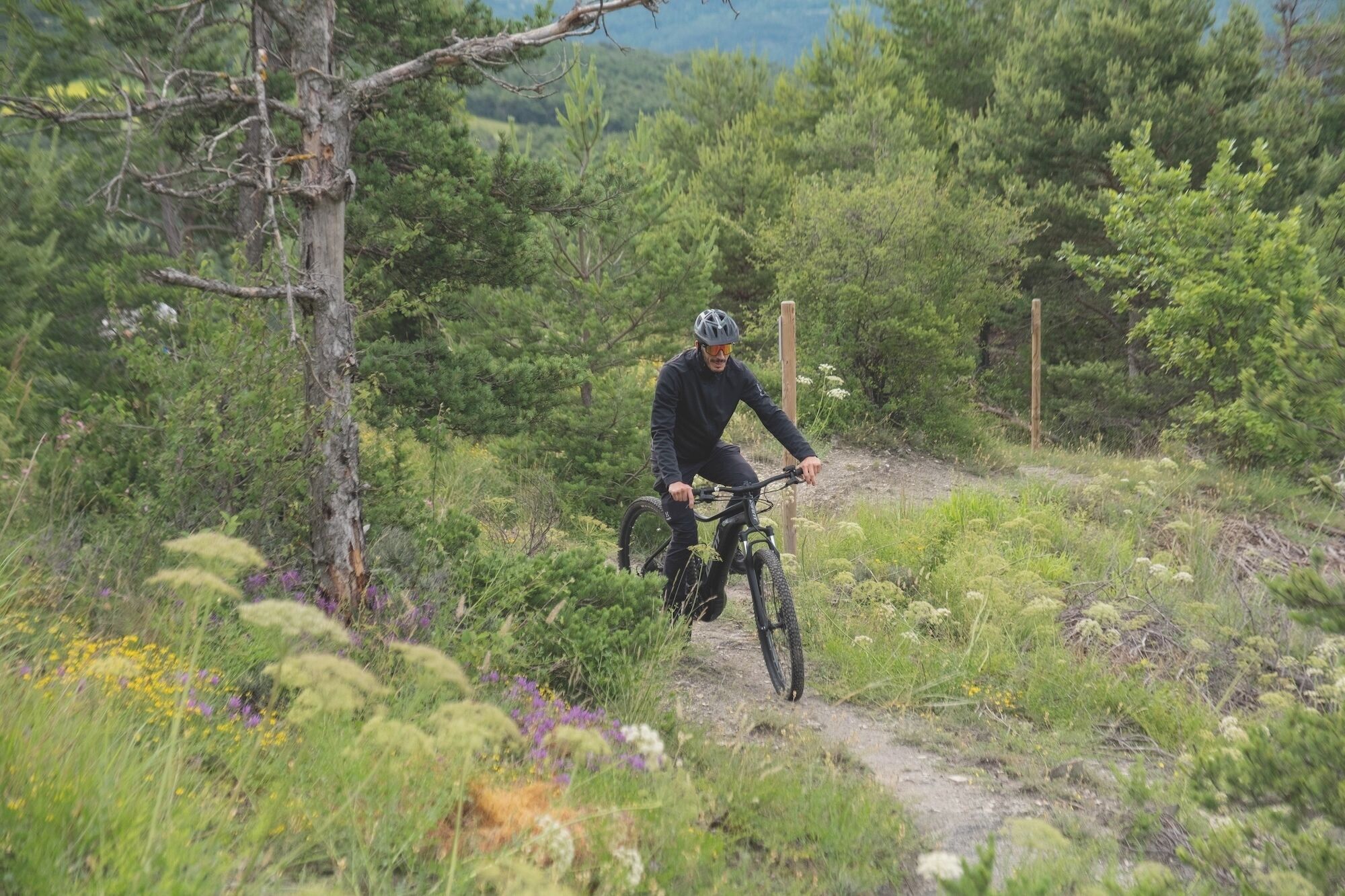 Une personne fait du vélo tout terrain sur un sentier accidenté, entourée de verdure.