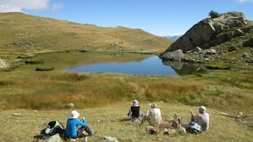Een groep mensen zit op het gras bij een meer, met een rotsachtige heuvel op de achtergrond.