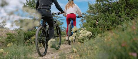 Two people on a mountain bike trail surrounded by greenery.