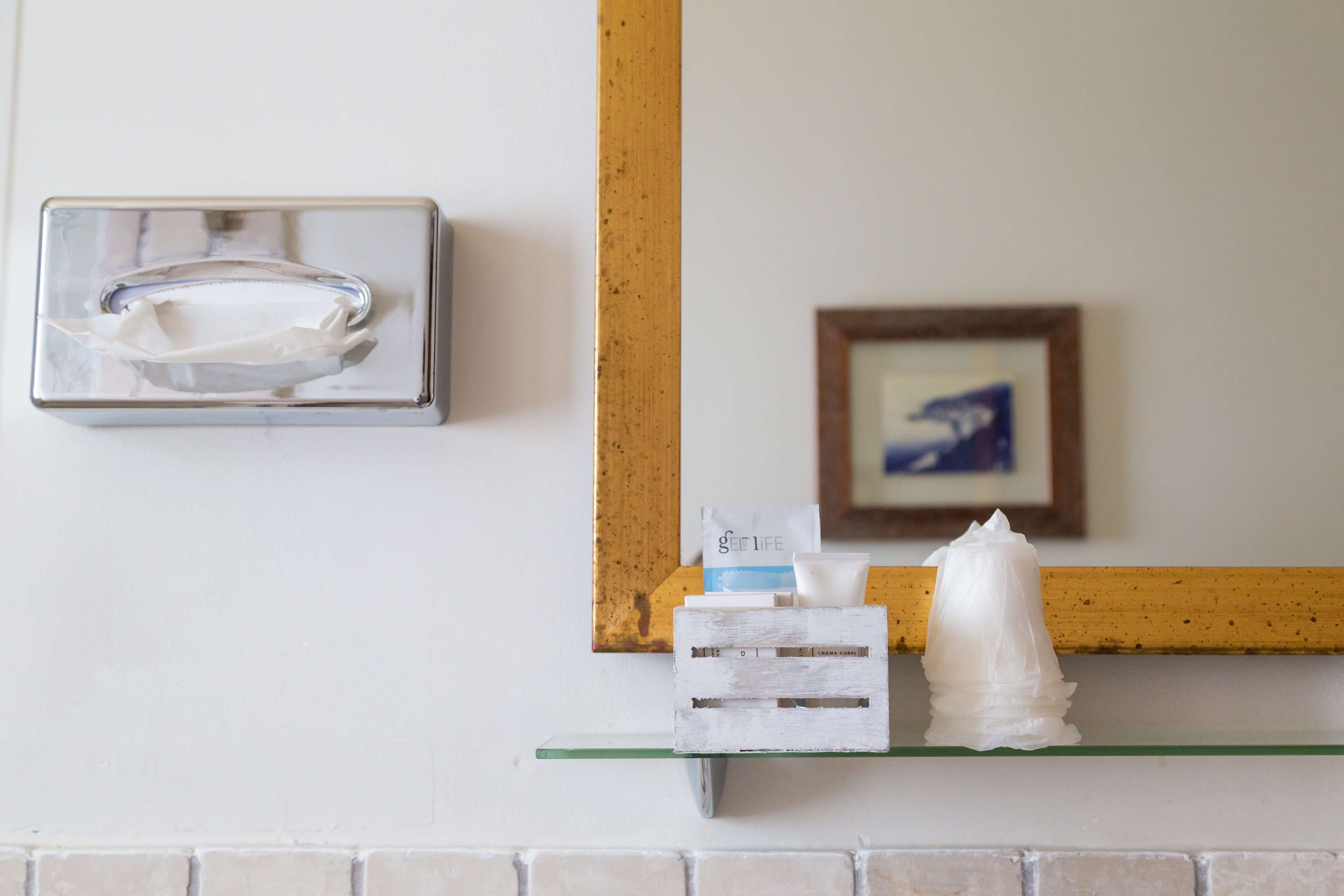 Un baño con un secador de manos, un cuadro en la pared y un estante con artículos de aseo.