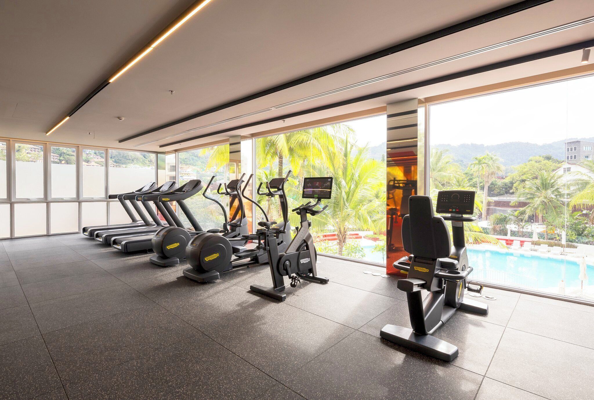A gym with treadmills, stationary bikes, and ellipticals, large windows with a view of a pool and palm trees.