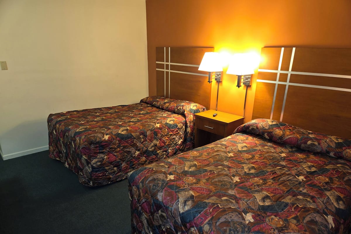 Een hotelkamer met twee bedden, elk voorzien van een beddekleed met een patroon, een nachtkastje met een lamp en een houten hoofdbord.