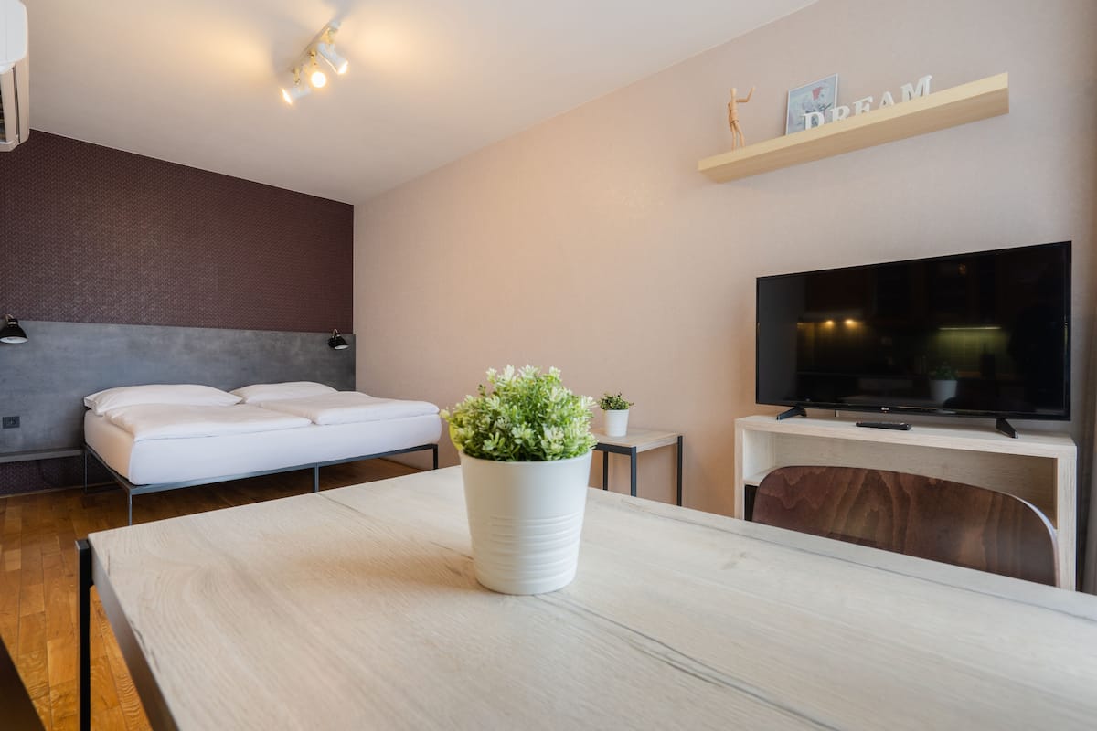 Un salon moderne avec un canapé, un téléviseur, une petite table et une plante en pot.