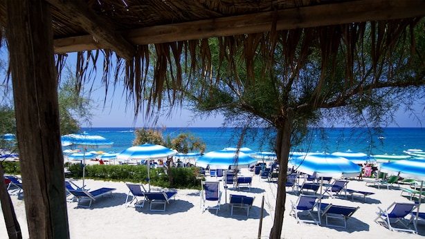 A beach with sun umbrellas, lounge chairs, and a clear view of the sea. - Tonicello Resort & SPA (Ricadi)