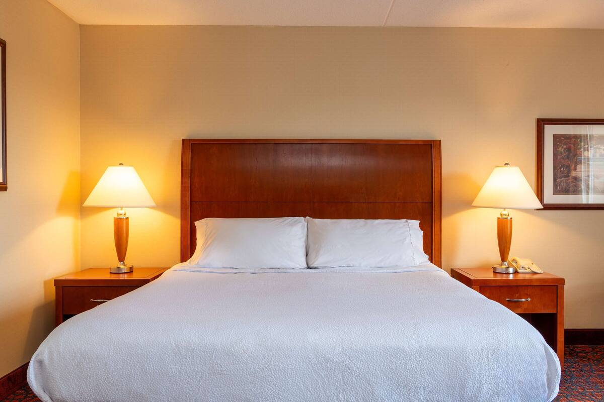 A large bed with a wooden headboard, two bedside tables with lamps, and a framed picture on the wall.