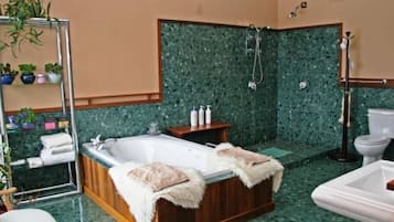 Un baño con una bañera independiente, ducha y retrete.