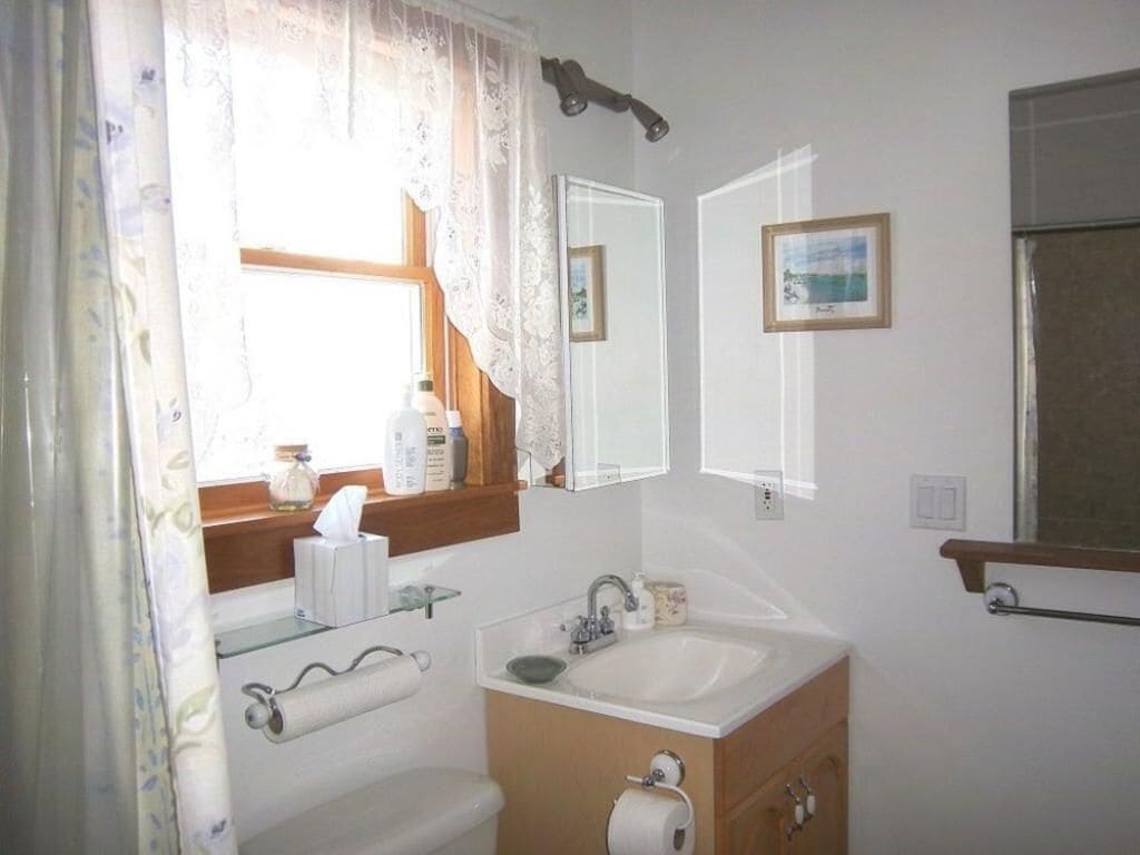 Un baño con lavabo, espejo, inodoro y ventana con cortinas.