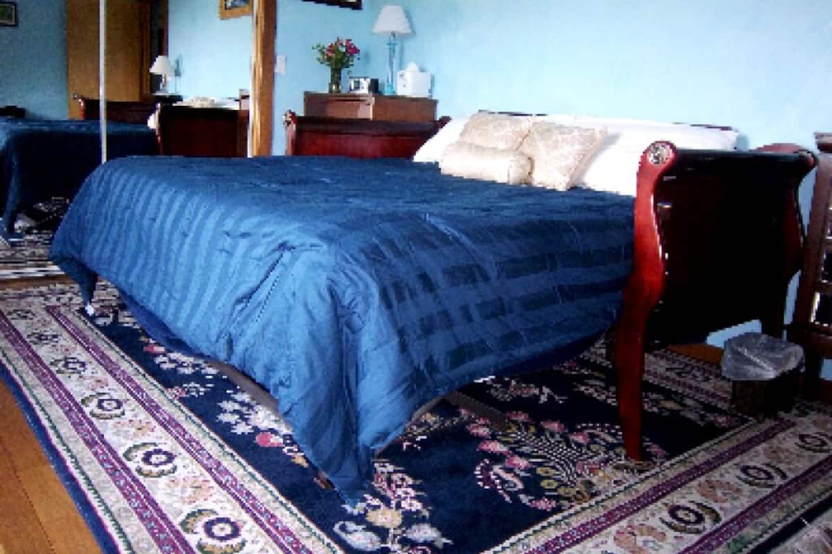 A bedroom with a bed, a nightstand, a dresser, and a window.