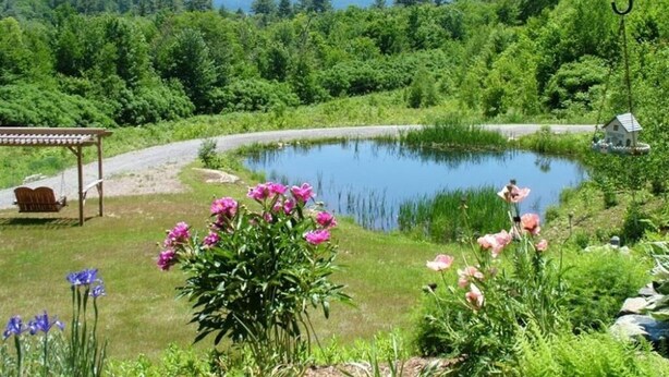 A lakeside view with a gazebo, a pond, and a small house. - Coppertoppe Inn and Retreat Center (Hebron)