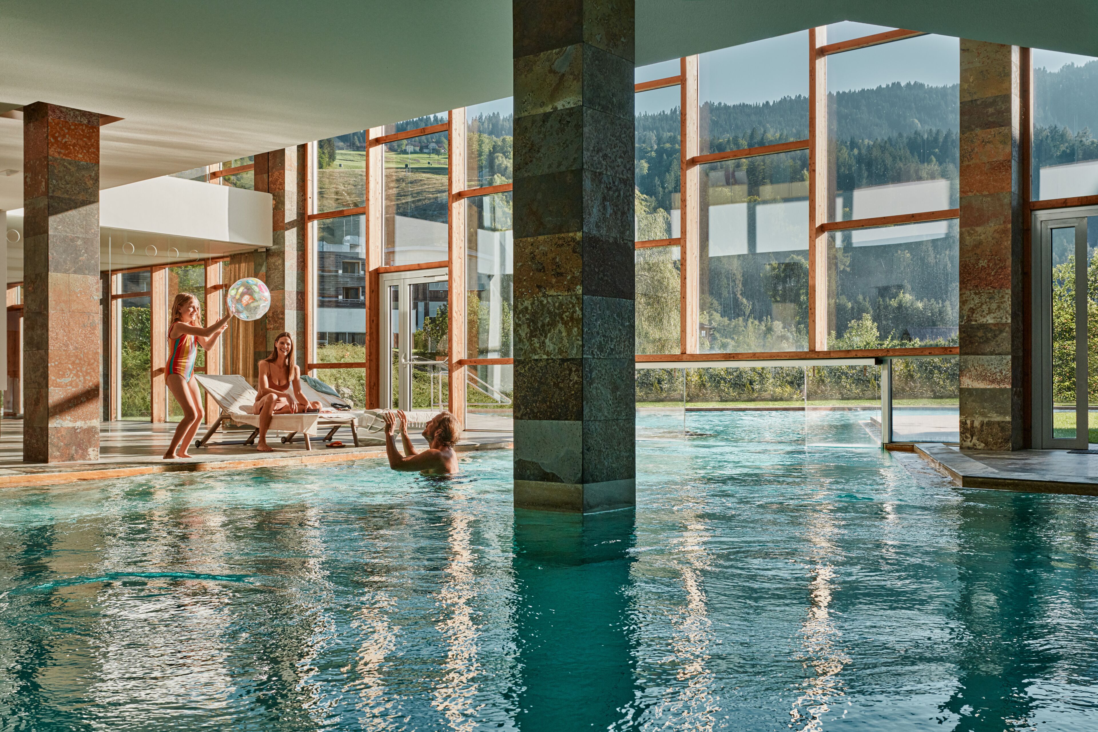 Indoor pool, outdoor pool, pool umbrellas, sun loungers