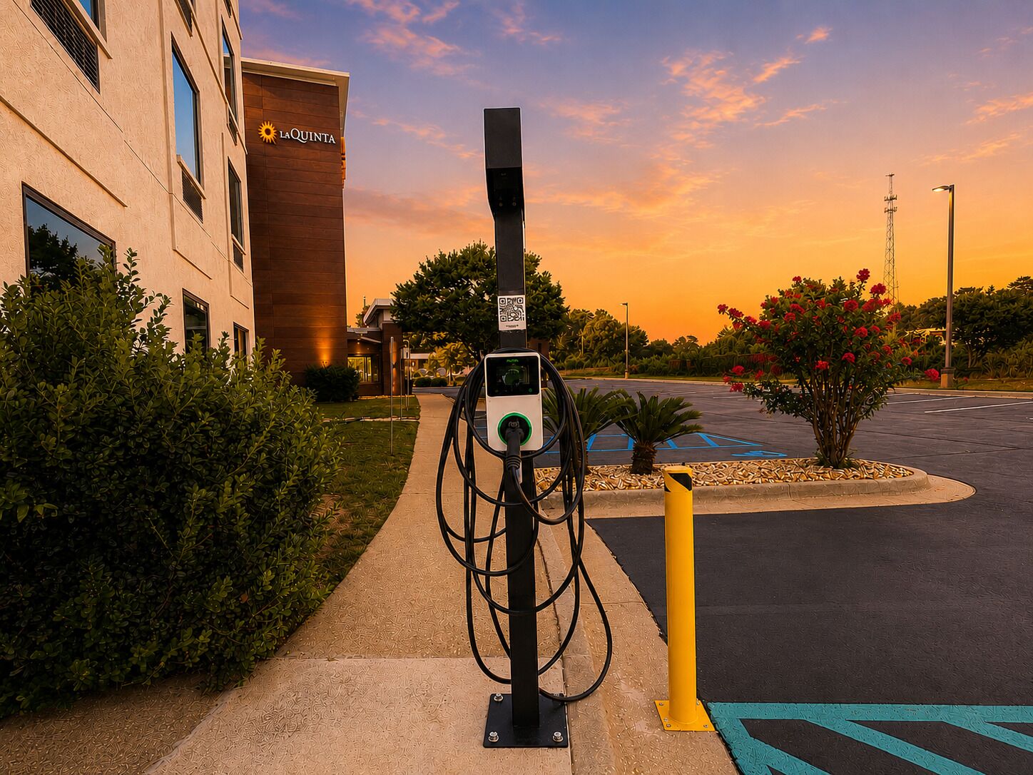 An electric vehicle charging station in a parking lot with a building labeled 'La Quinta' in the background.