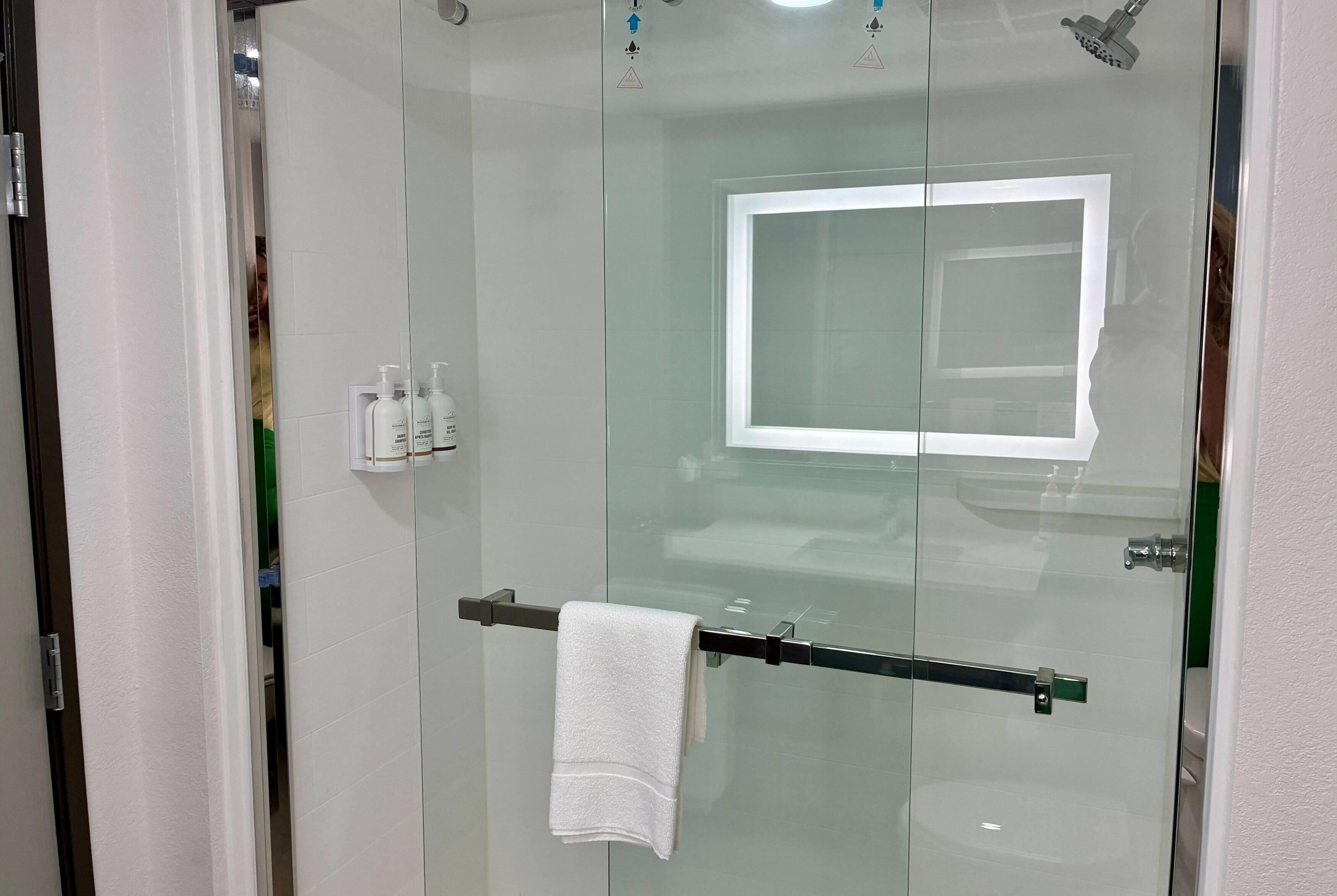 Hair dryer, towels, soap, shampoo