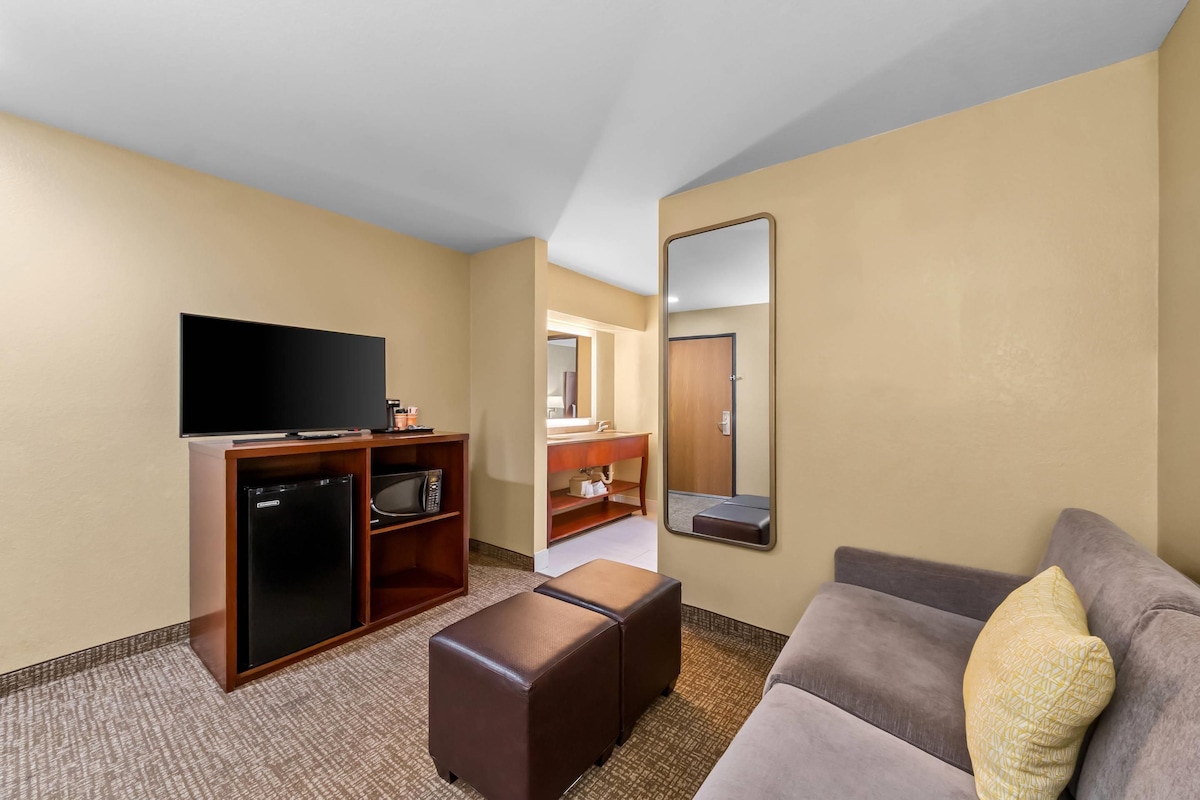 Habitación de hotel con televisión de pantalla plana, minibar, sofá, espejo y una pequeña mesa.