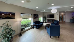 A spacious living room with a large window, a fireplace, and a flat-screen TV mounted on the wall.