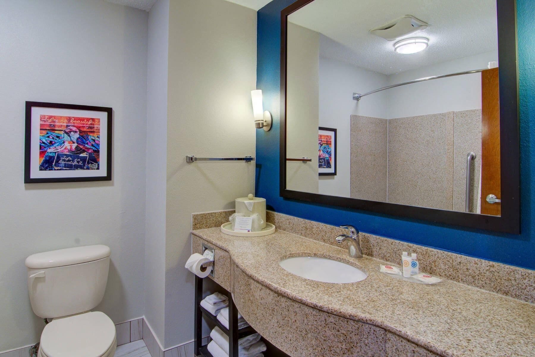 A bathroom with a toilet, sink, and mirror.