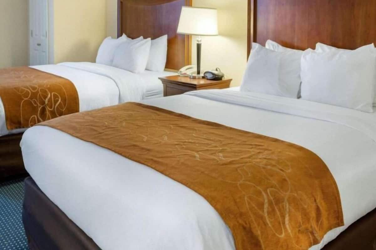 Een hotelkamer met twee bedden, een nachtkastje met een lamp en een telefoon.