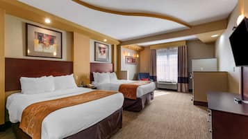 Premium bedding, pillowtop beds, desk, blackout drapes