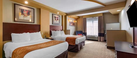 Premium bedding, pillow-top beds, desk, blackout curtains