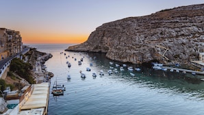 Uma vila costeira com um penhasco rochoso, uma marina com barcos e edifícios ao longo da orla.