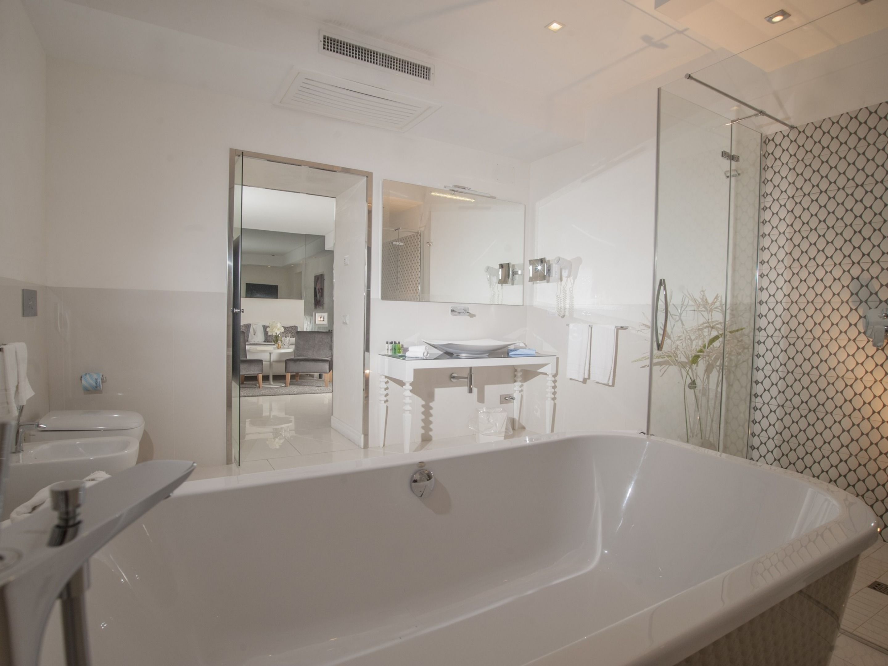 Habitación Deluxe doble | Baño | Ducha, artículos de higiene personal de diseño, secador de pelo y bidé