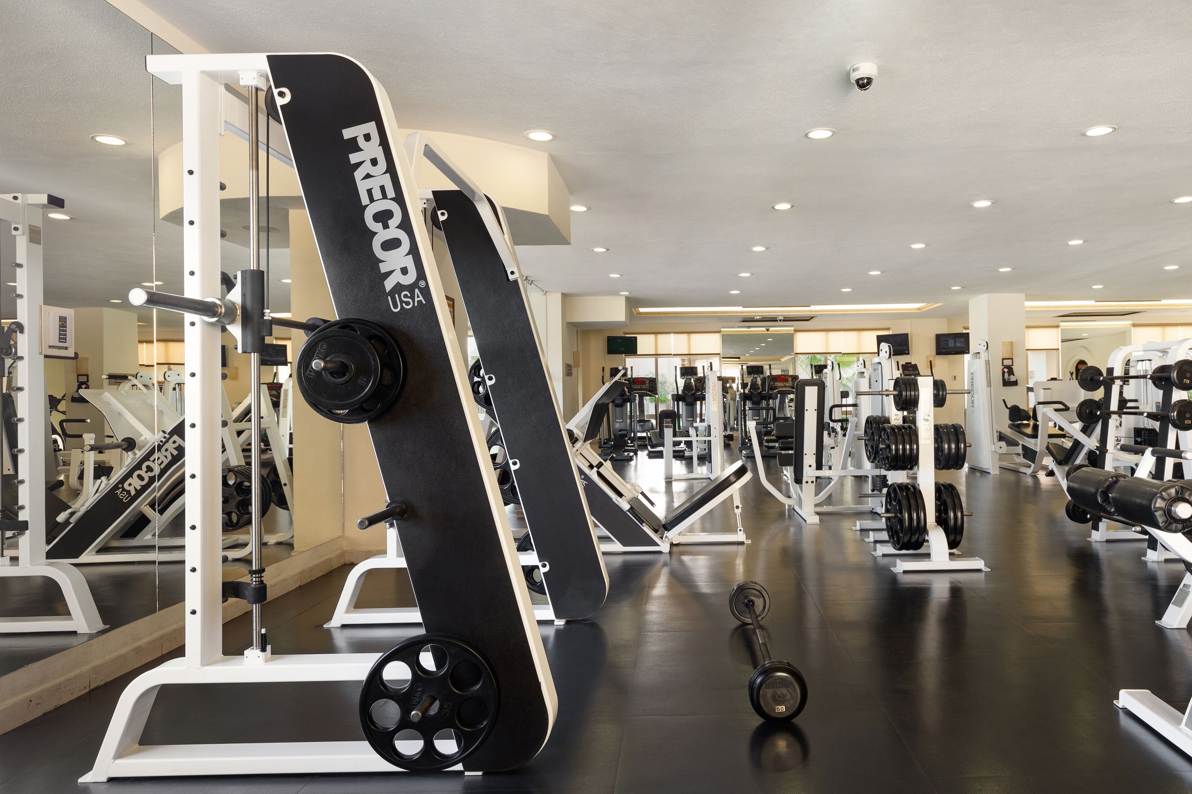 Une salle de sport équipée de divers appareils d’entraînement, notamment des machines à poids et des poids libres.