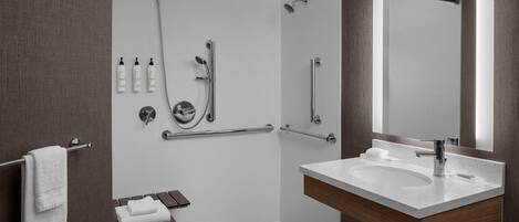A modern bathroom with a shower, grab bars, a sink, and a mirror.