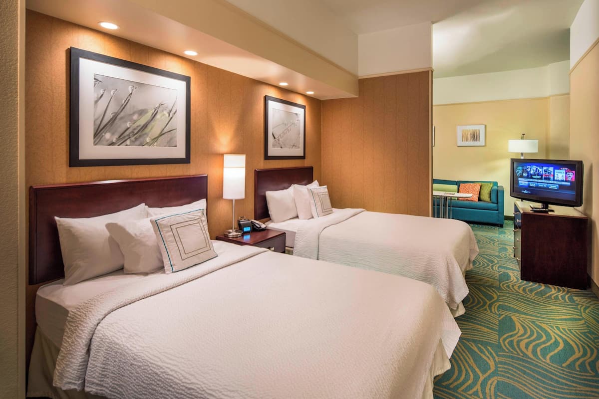Quarto de hotel com duas camas, televisão e obras de arte nas paredes.