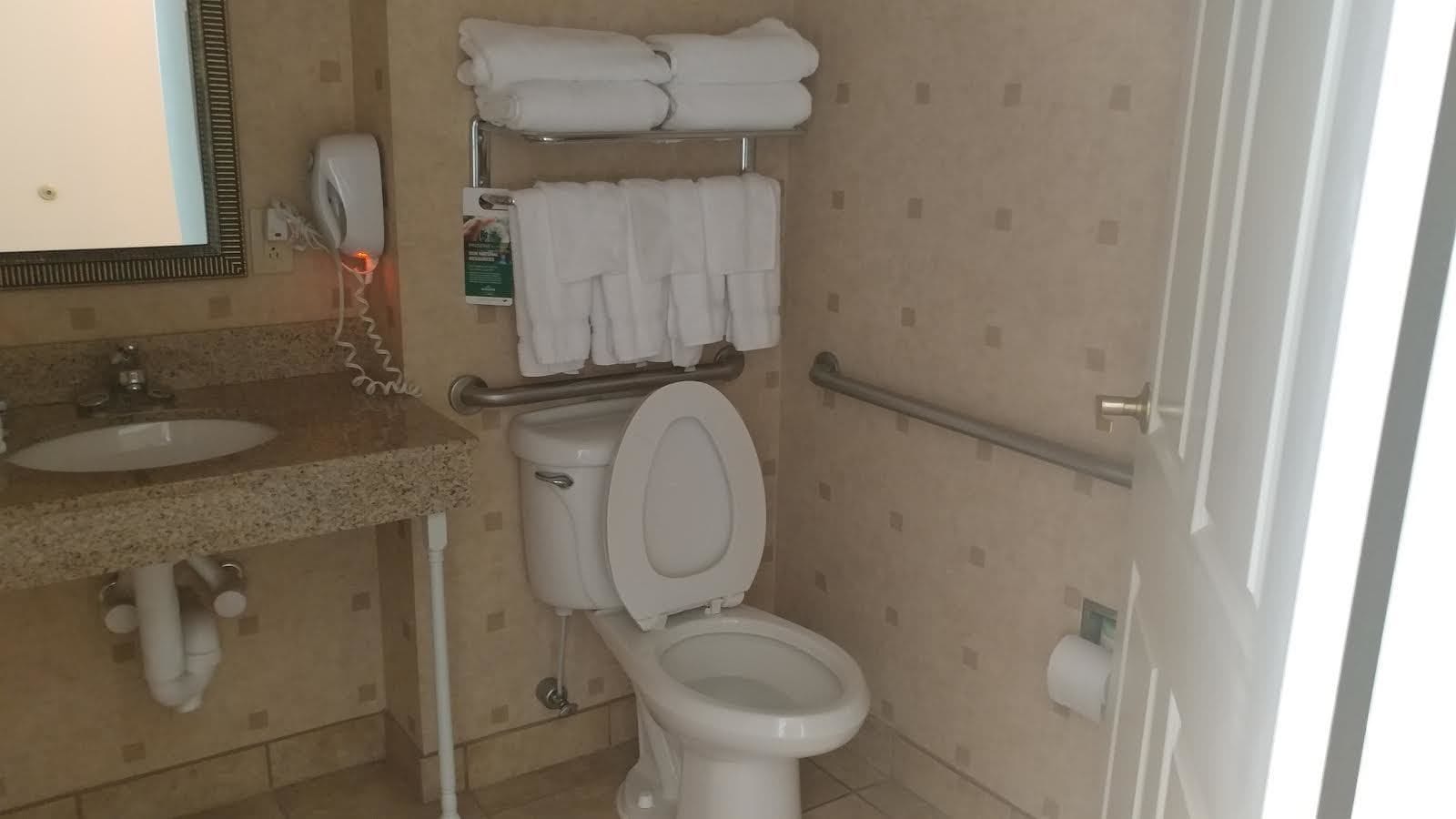 Une salle de bain équipée d’un lavabo, de toilettes et d’un porte-serviettes.