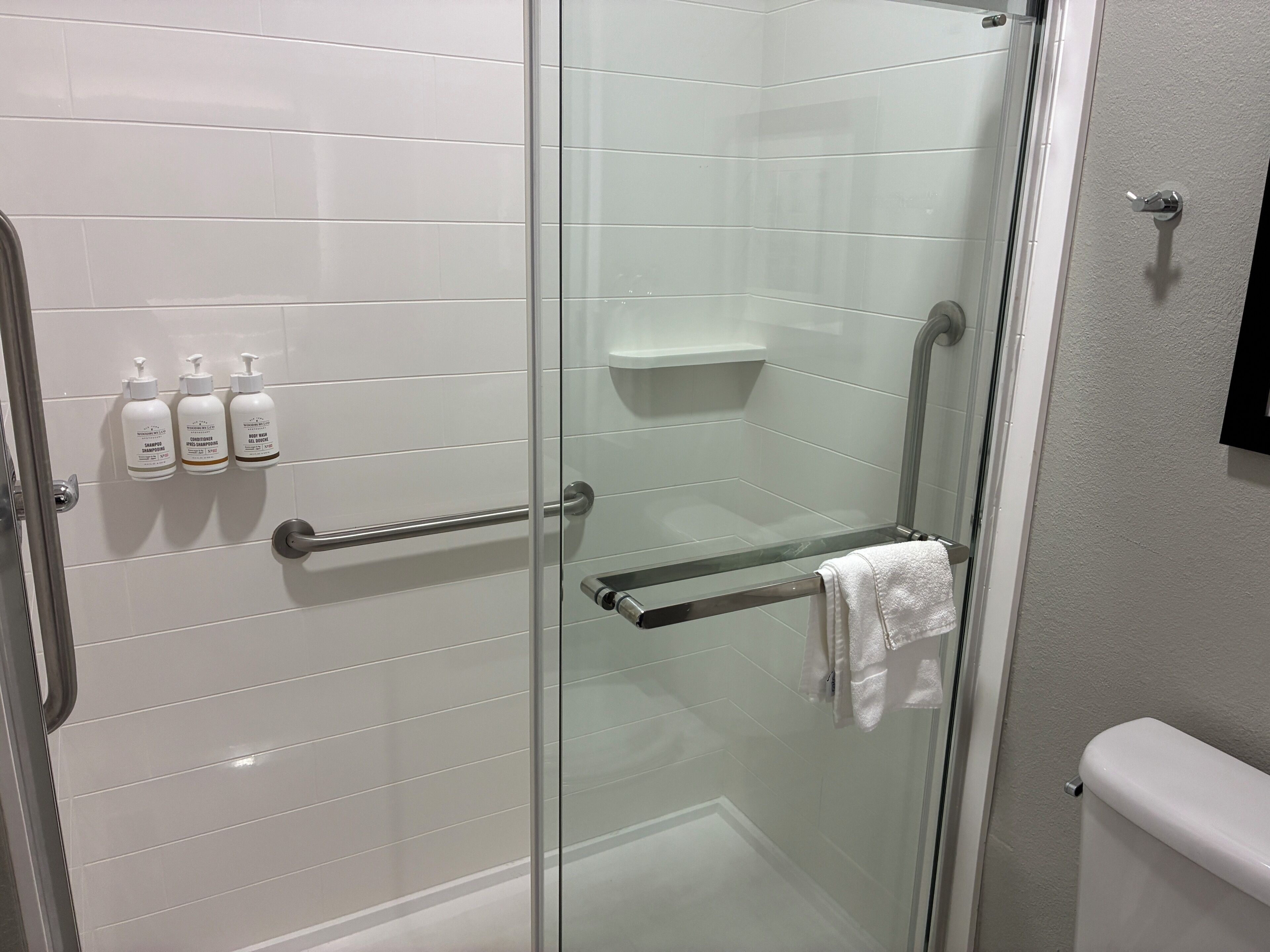 A glass-enclosed shower stall with a glass door, a towel rack with a towel, and three bottles of toiletries on the wall.