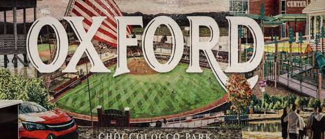 A mosaic of Chocococco Park with the Oxford Civic Center in the background.
