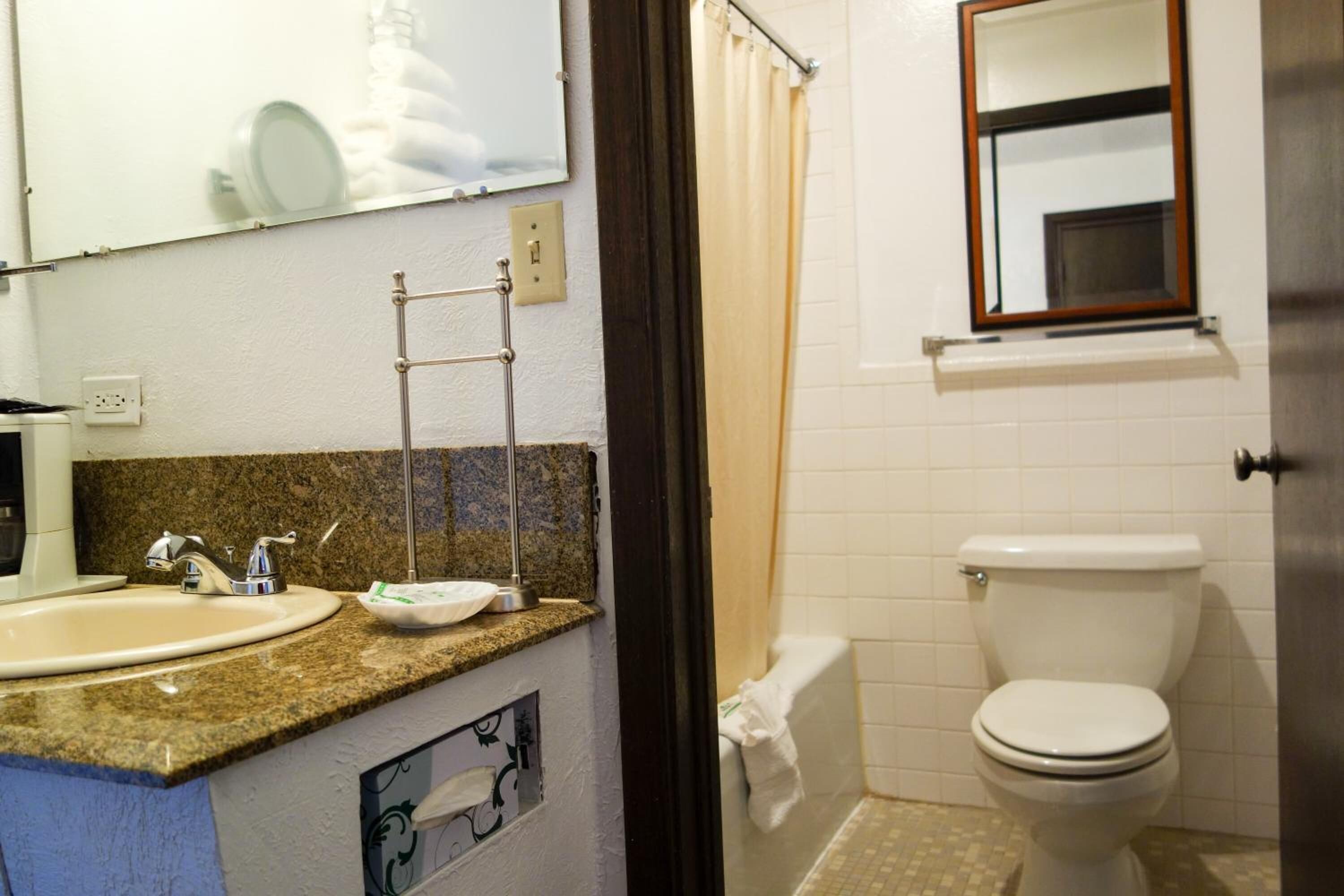 A bathroom with a sink, mirror, towel rack, toilet, and a shower curtain.