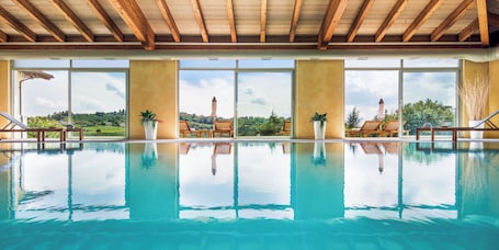 Indoor pool, open 8:30 AM to 8:00 PM, pool loungers. Hotel Relais Montemarino