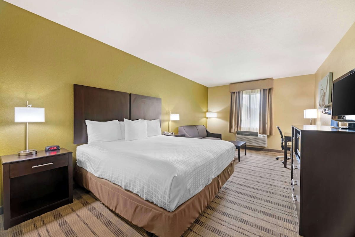 A hotel room with a large bed, bedside tables, a desk, a chair, and a television.