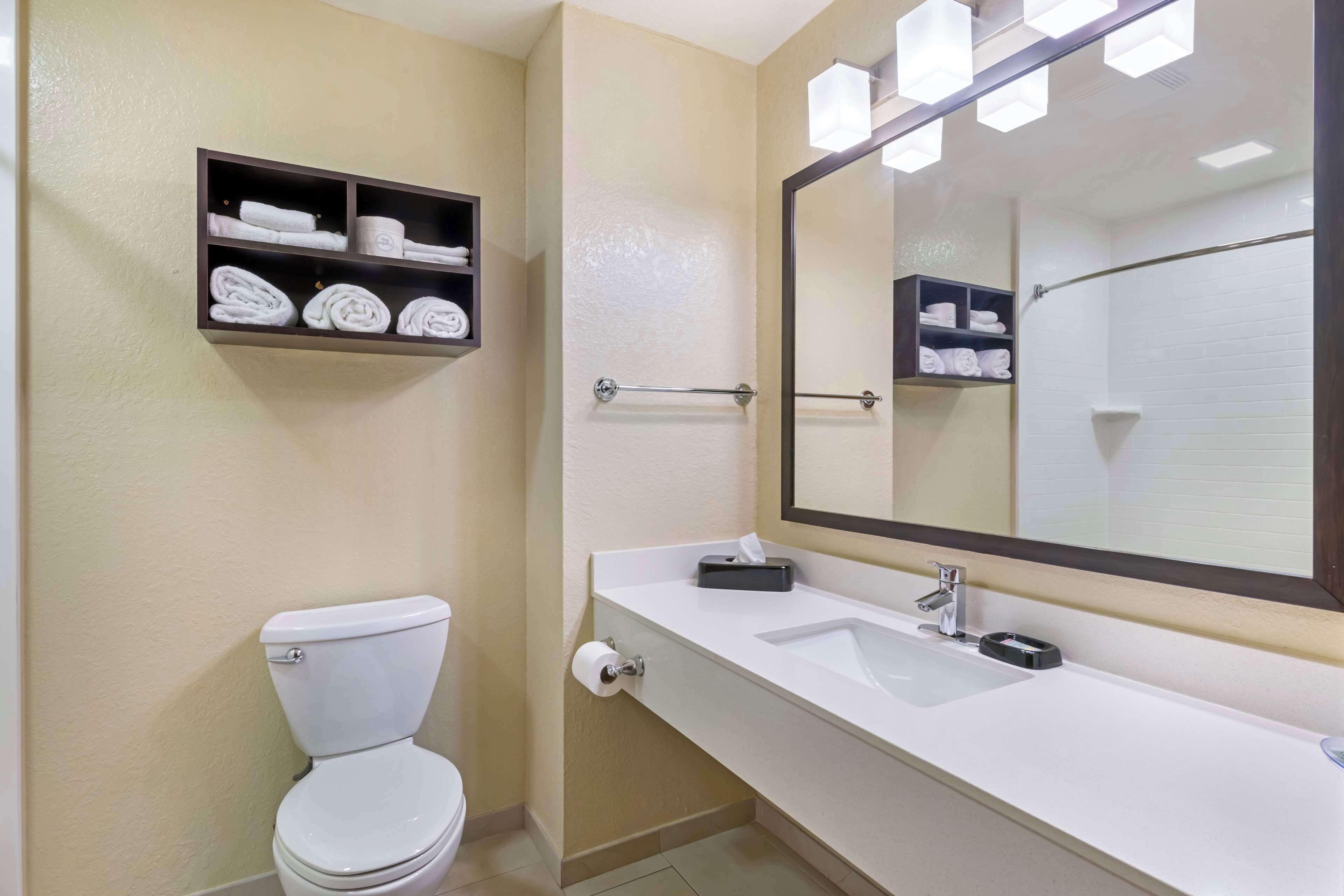 combined shower/bathtub, free toiletries, hair dryer, towels