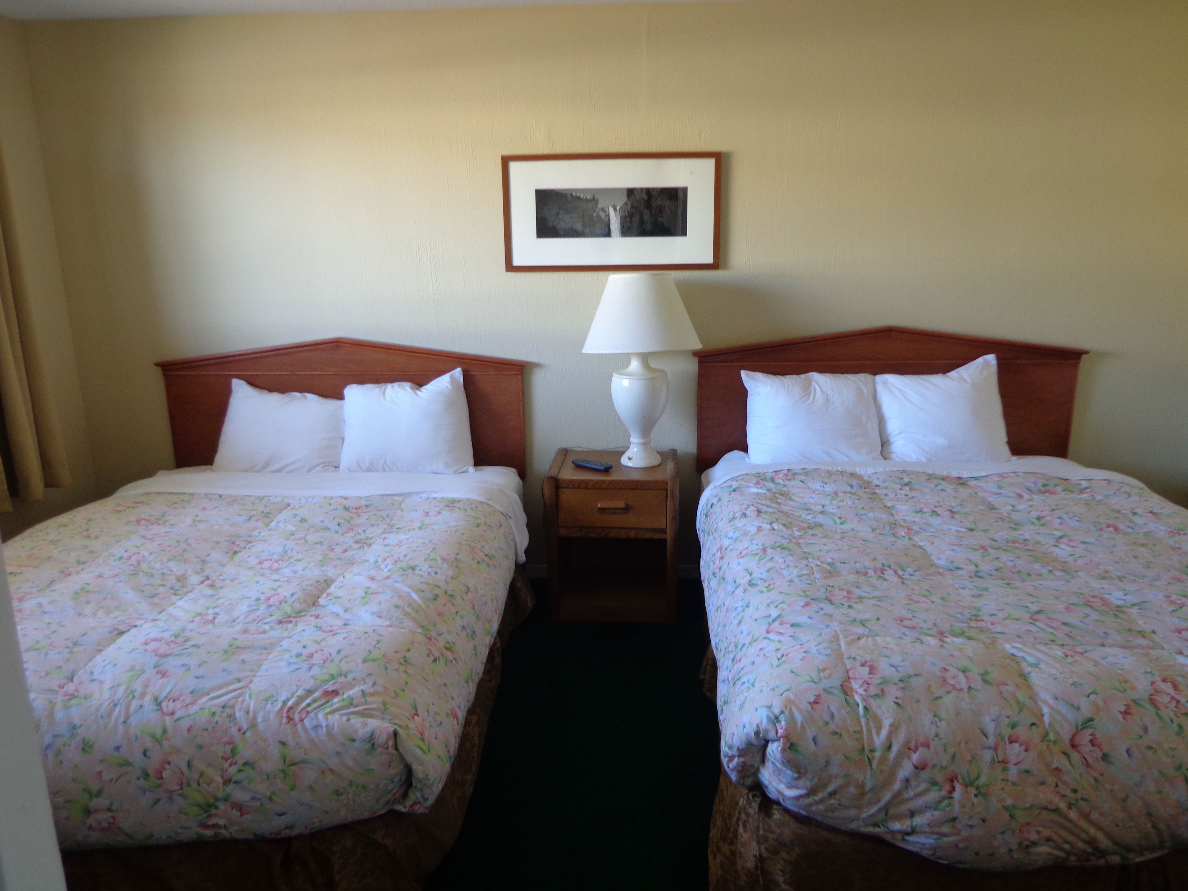 A hotel room with two beds, each with floral bedding, a nightstand with a lamp, and a framed picture on the wall.