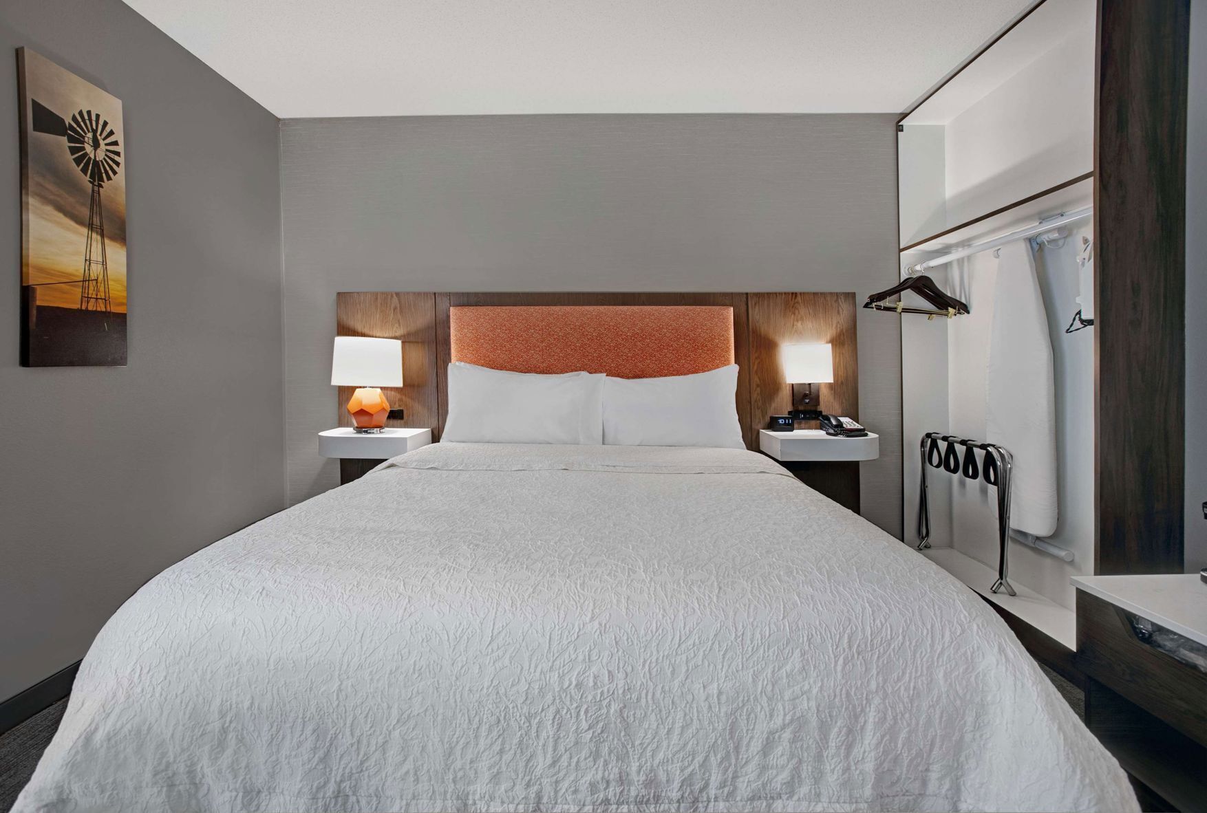 Desk, laptop workspace, blackout curtains, iron/ironing board