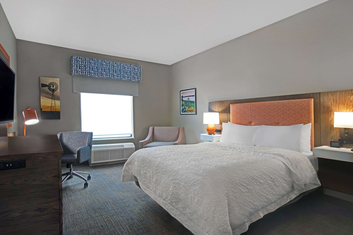 A hotel room with a large bed, a desk, a chair, a TV, and artwork on the walls.