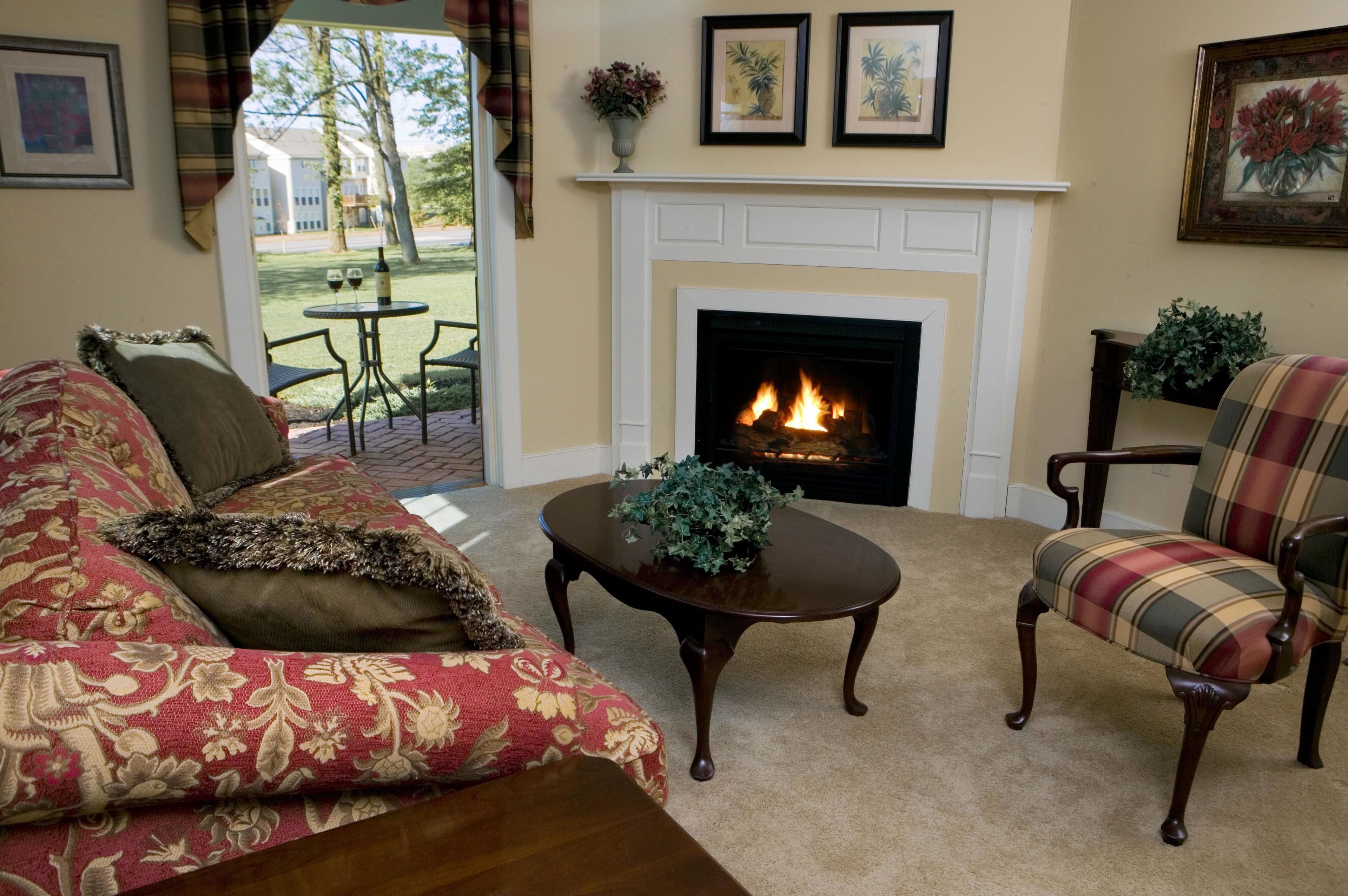 A living room with a fireplace, a sofa, a plaid armchair, and a small table with a plant.