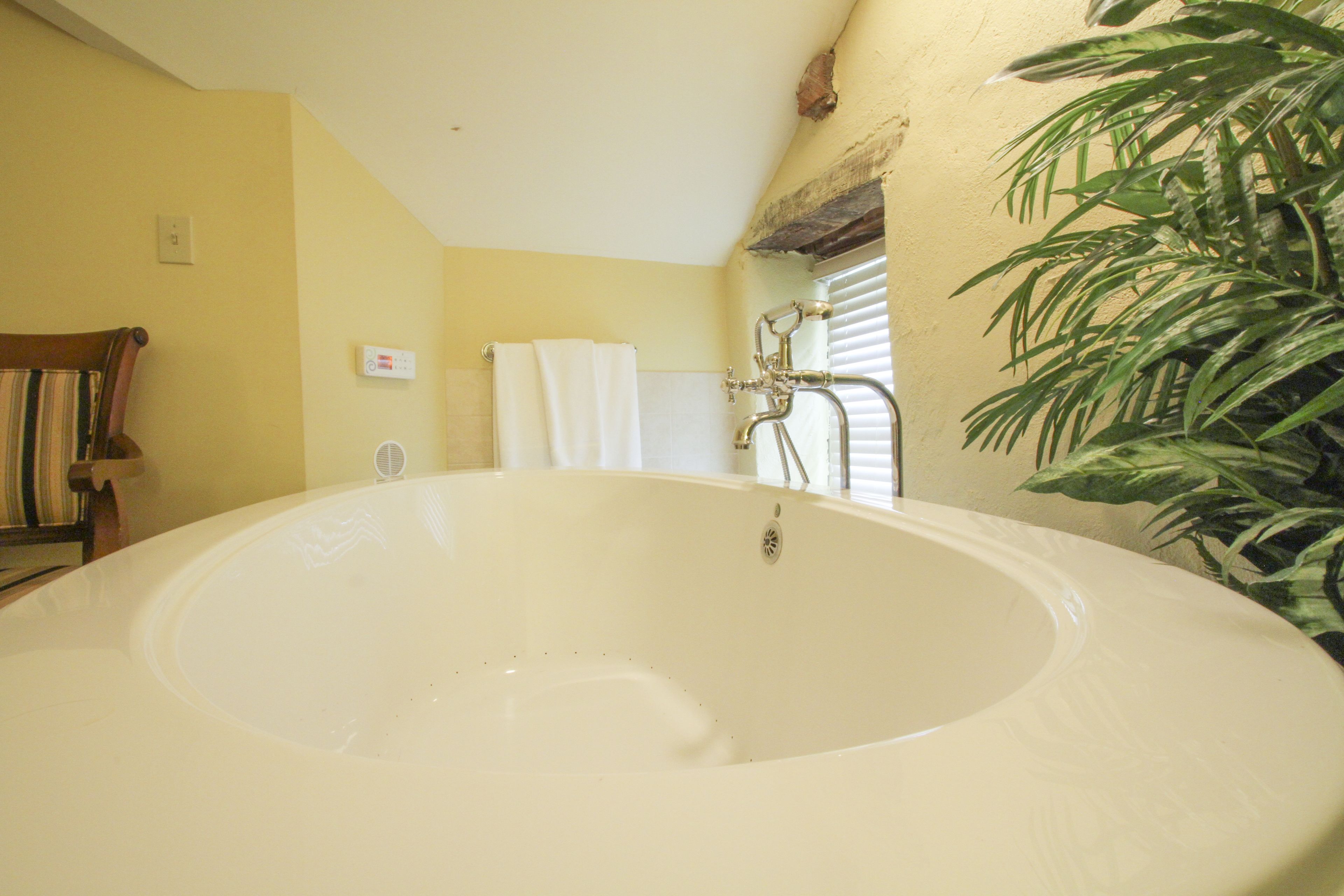 A bathroom with a large bathtub, a towel rack, and a potted plant.