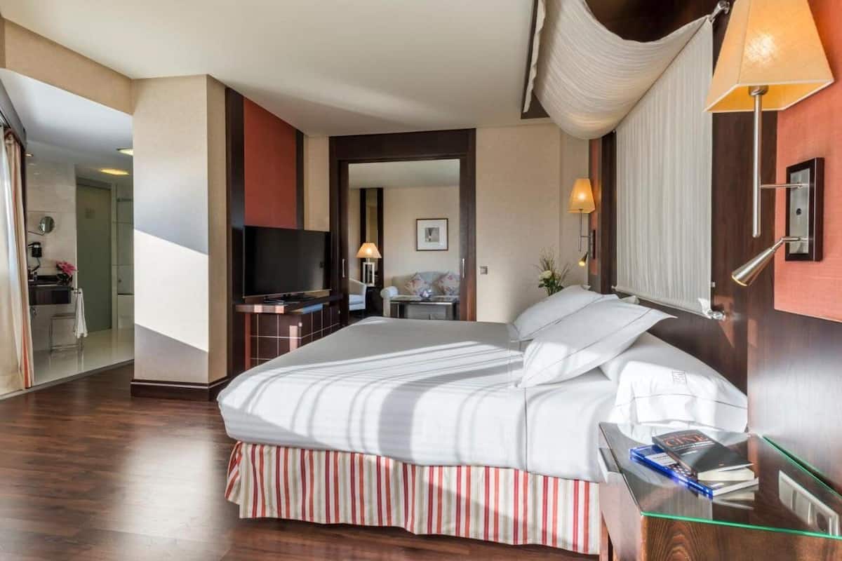 A hotel room with a large bed, a TV, a desk with a lamp, and a mirror.