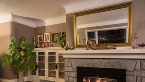 Un salon avec une cheminée, un grand miroir et une plante.